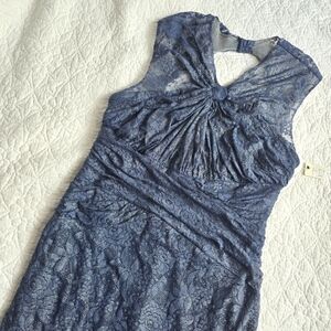 Badgley Mischka Collection Steel Blue Lace Shimmer Strapless Gathered Midi Dress